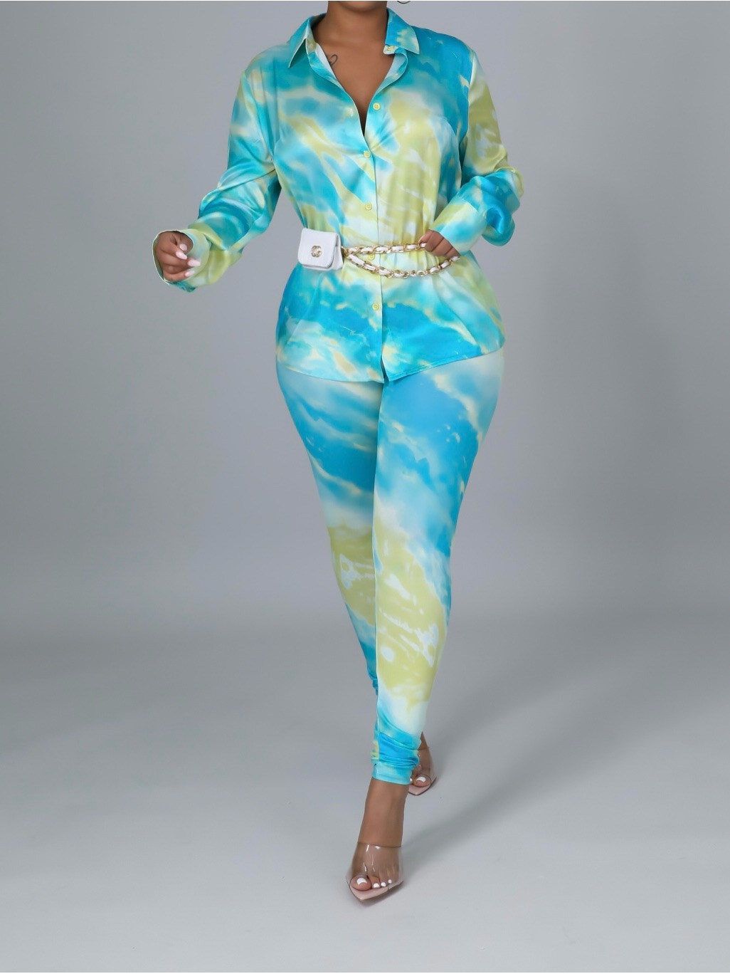 Tie-Dye Aqua & Lime Leggings Set Stretch Ponte Fit